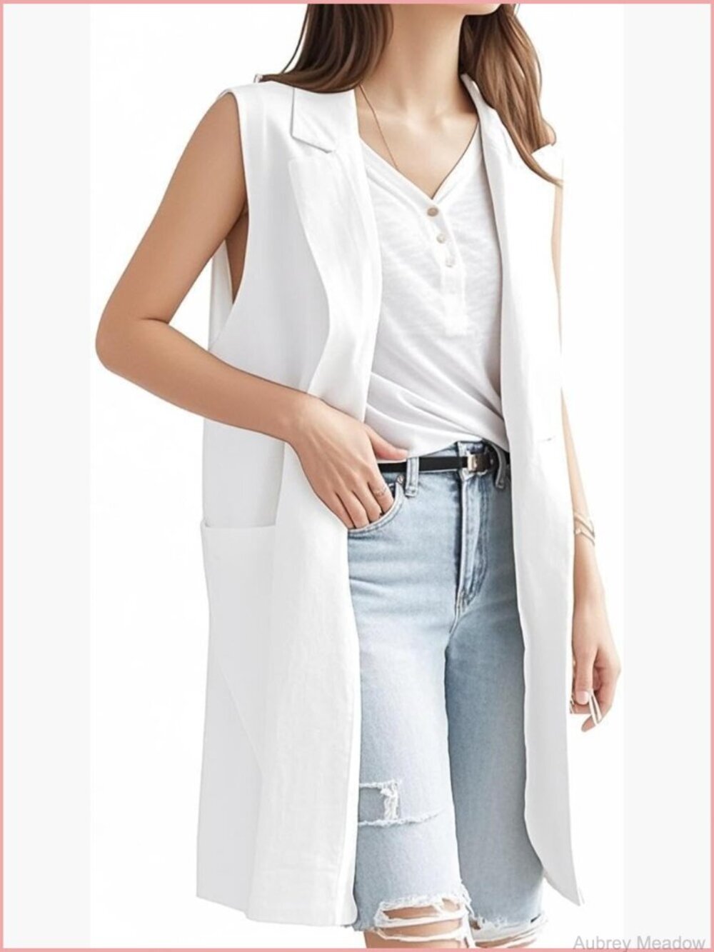 Long Linen Vest Sleeveless Blazer Jacket with Pockets